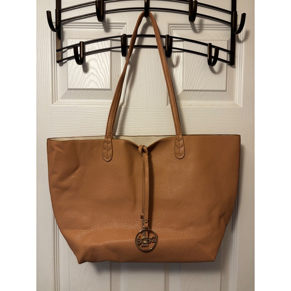 BCBG Paris Women Camel Off White Pebbled Faux Leather Tote Bag B-00601AN